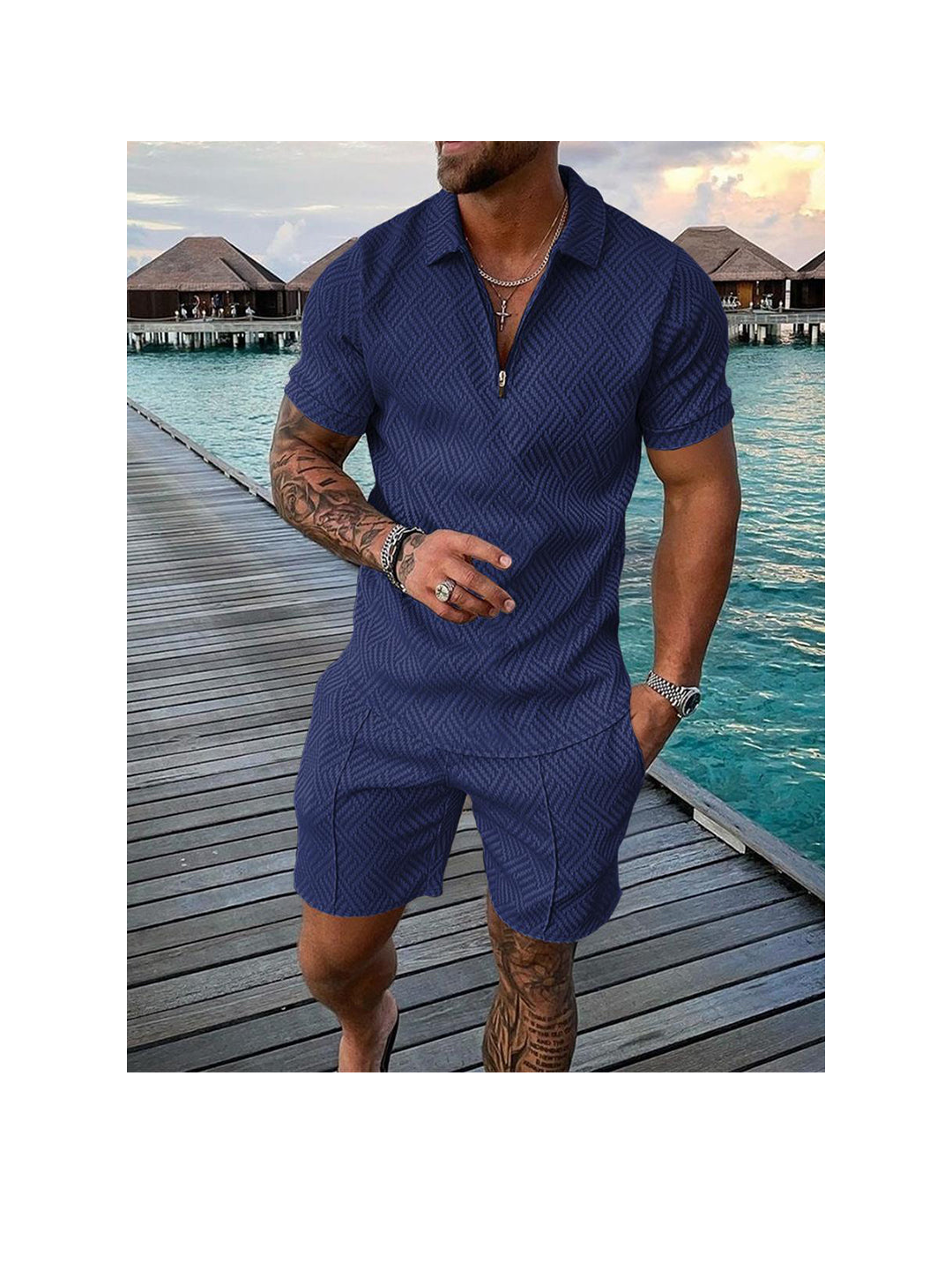 Men's 3D Print Zipper Polo Short-sleeved Two-piece Set