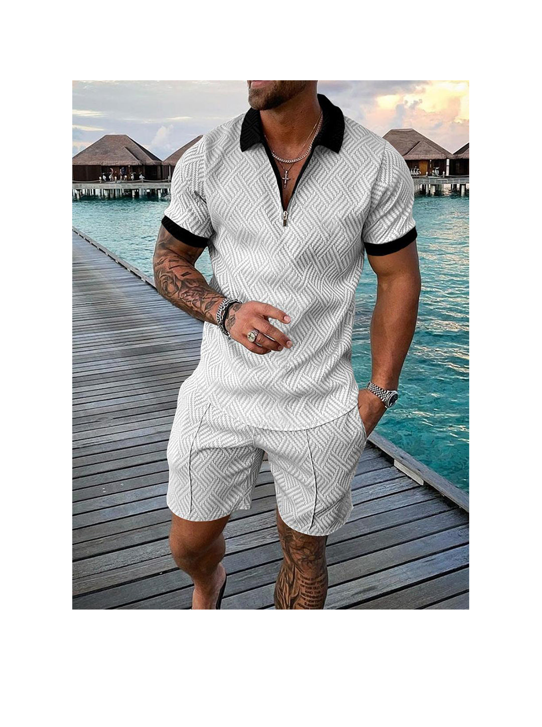 Men's 3D Print Zipper Polo Short-sleeved Two-piece Set
