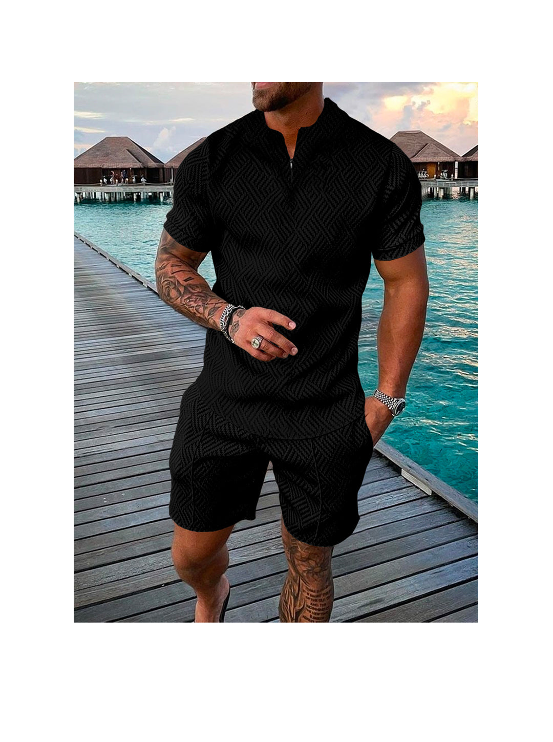 Men's 3D Print Zipper Polo Short-sleeved Two-piece Set