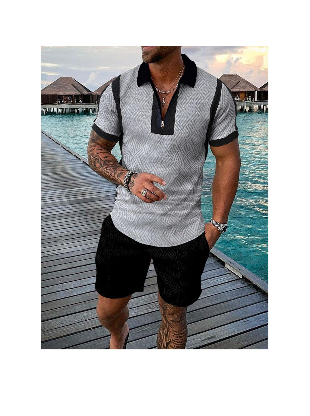 Men's 3D Print Zipper Polo Short-sleeved Two-piece Set