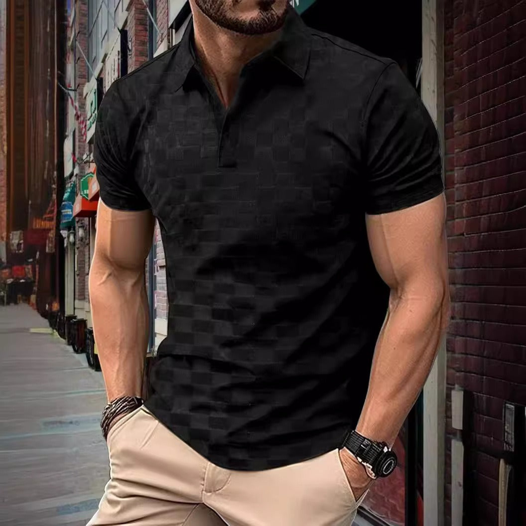 Ice Silk Plaid Jacquard Lapel Short Sleeve Polo Shirt