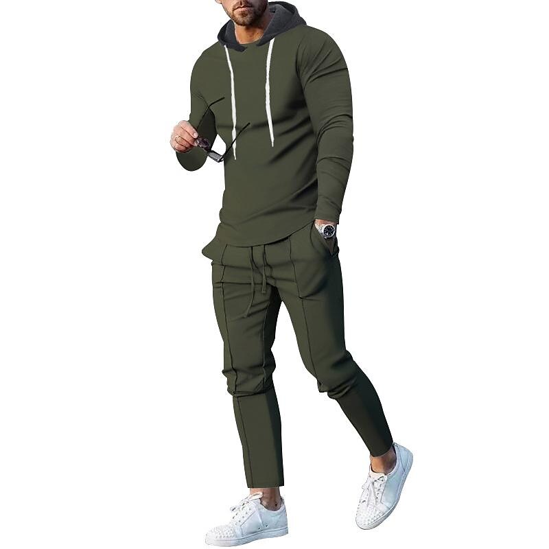 Men's Contrast Hoodied Trendy Pullover Two-piece Suits