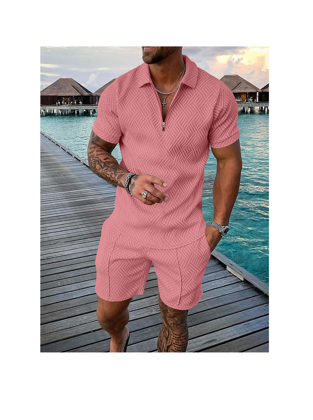 Men's 3D Print Zipper Polo Short-sleeved Two-piece Set