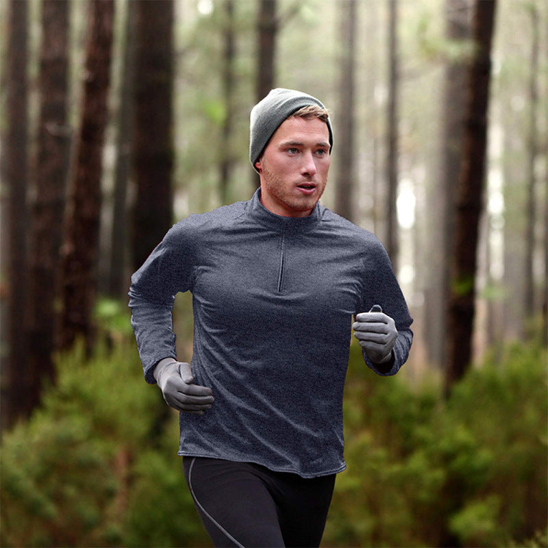 Men's long sleeve quick-dry running head semi-zipper solid color breathable T-shirt