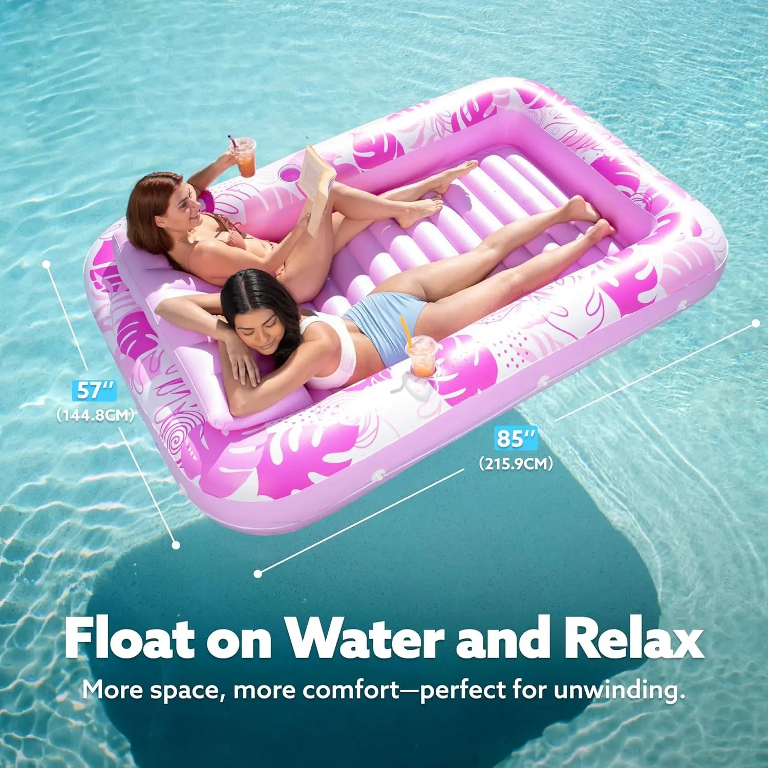 Inflatable Tanning Pool Lounge Float With Cup Holder, 70“X46”/85″ x 57″ Extra Large Pool Floats Adult with Pillow, 4 in 1 Suntan Tub Raft Floatie, Sunbathing Bed Lounge for Water Blow Up Kids Ball Pit Party Gifts, inflatable Sofa Summervibes