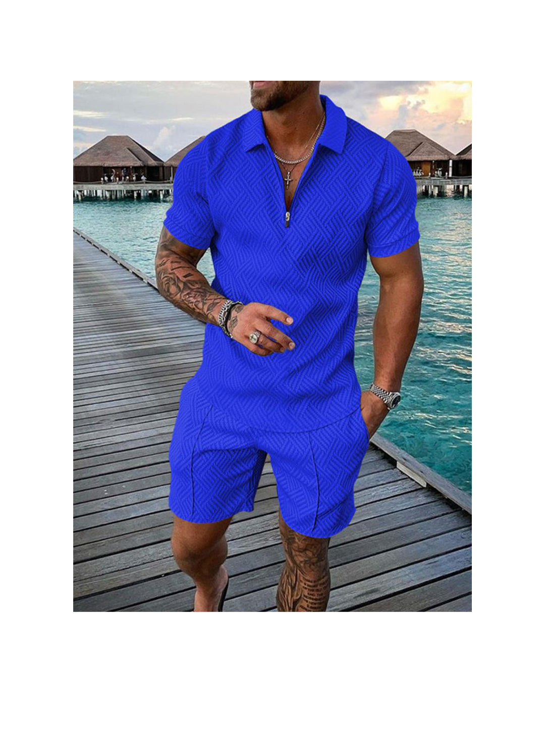 Men's 3D Print Zipper Polo Short-sleeved Two-piece Set