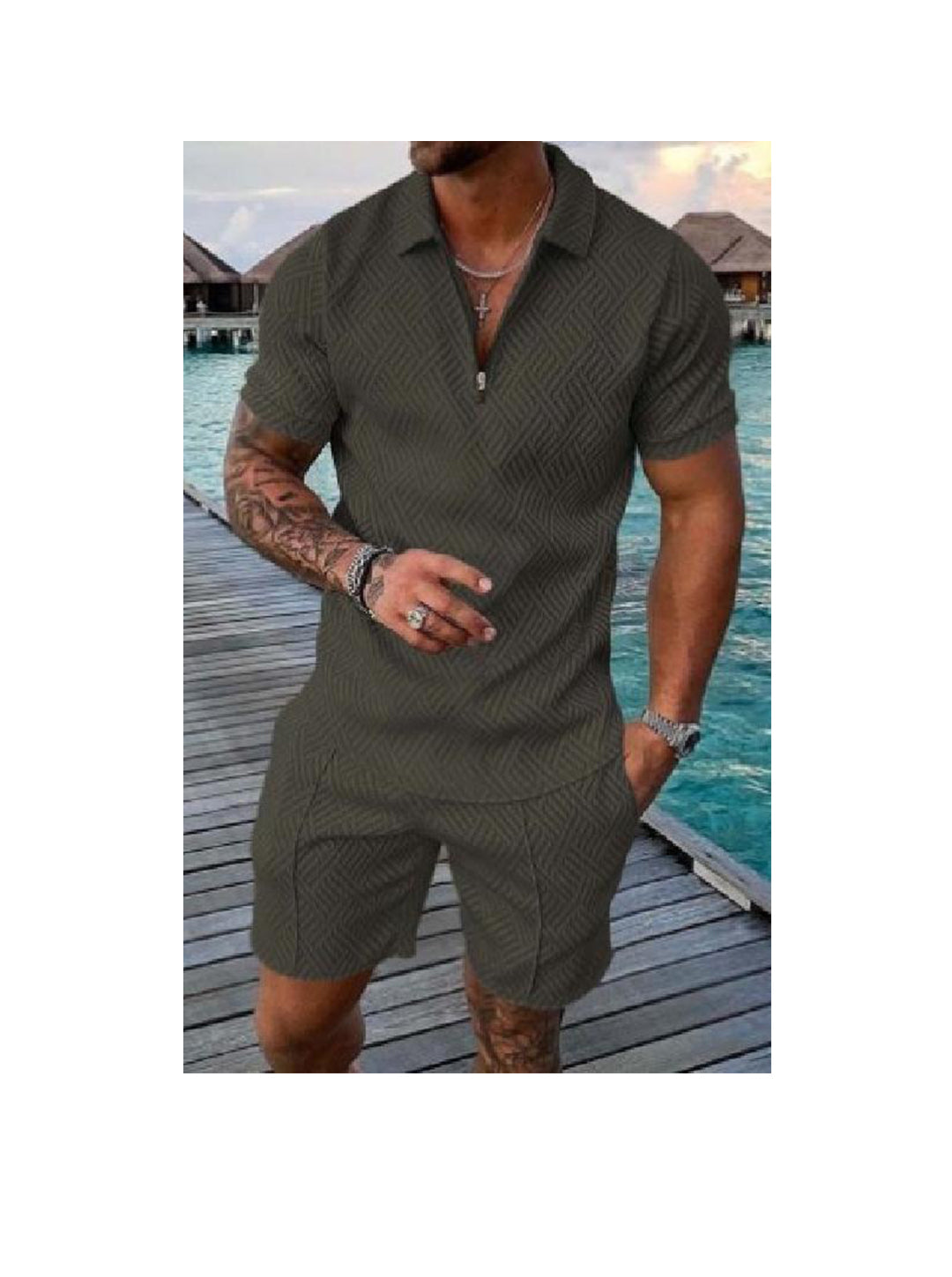 Men's 3D Print Zipper Polo Short-sleeved Two-piece Set