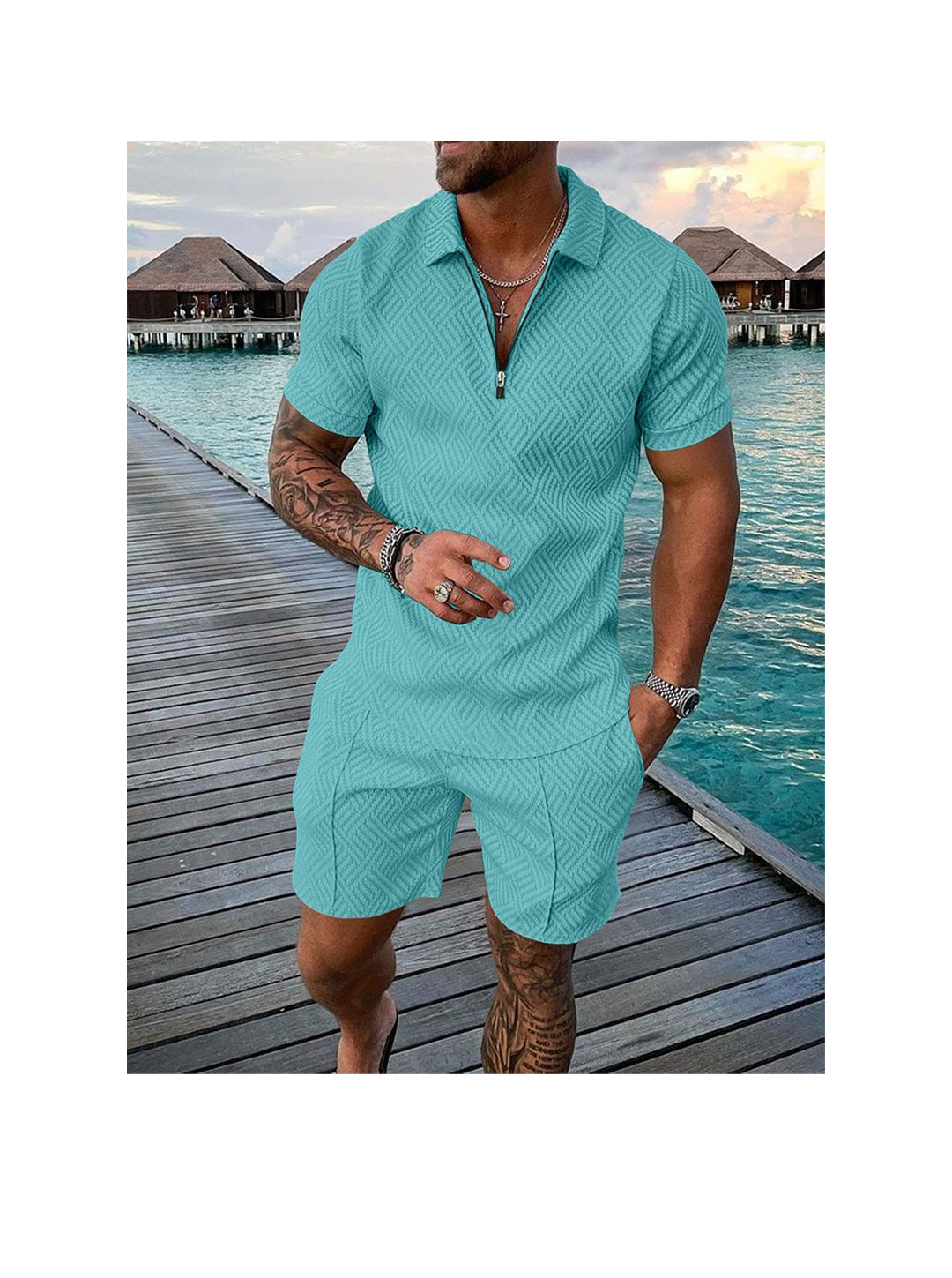 Men's 3D Print Zipper Polo Short-sleeved Two-piece Set