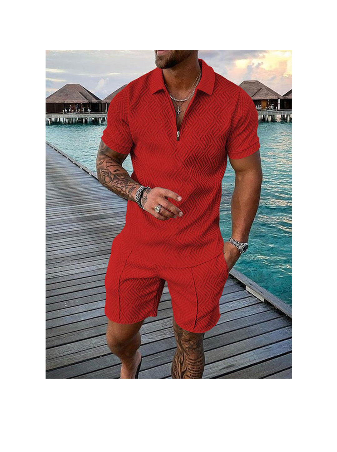 Men's 3D Print Zipper Polo Short-sleeved Two-piece Set