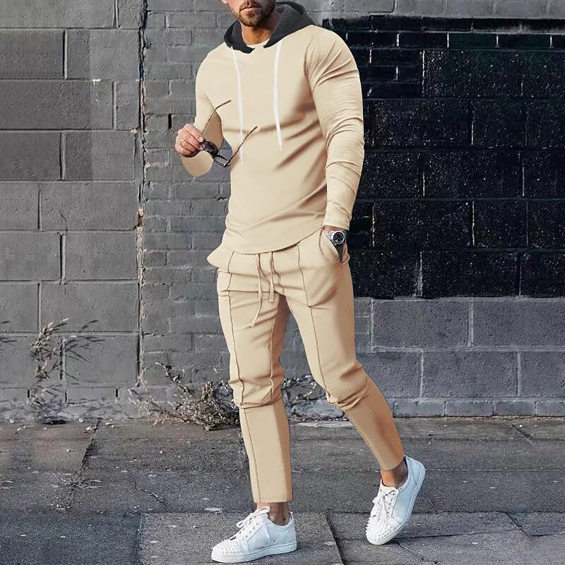 Men's Contrast Hoodied Trendy Pullover Two-piece Suits