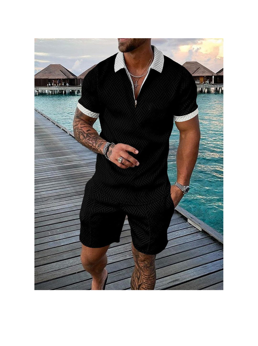 Men's 3D Print Zipper Polo Short-sleeved Two-piece Set