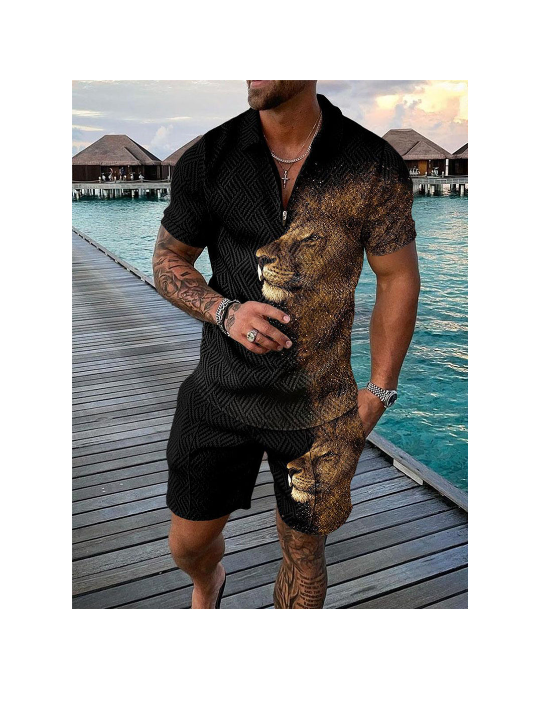 Men's 3D Print Zipper Polo Short-sleeved Two-piece Set