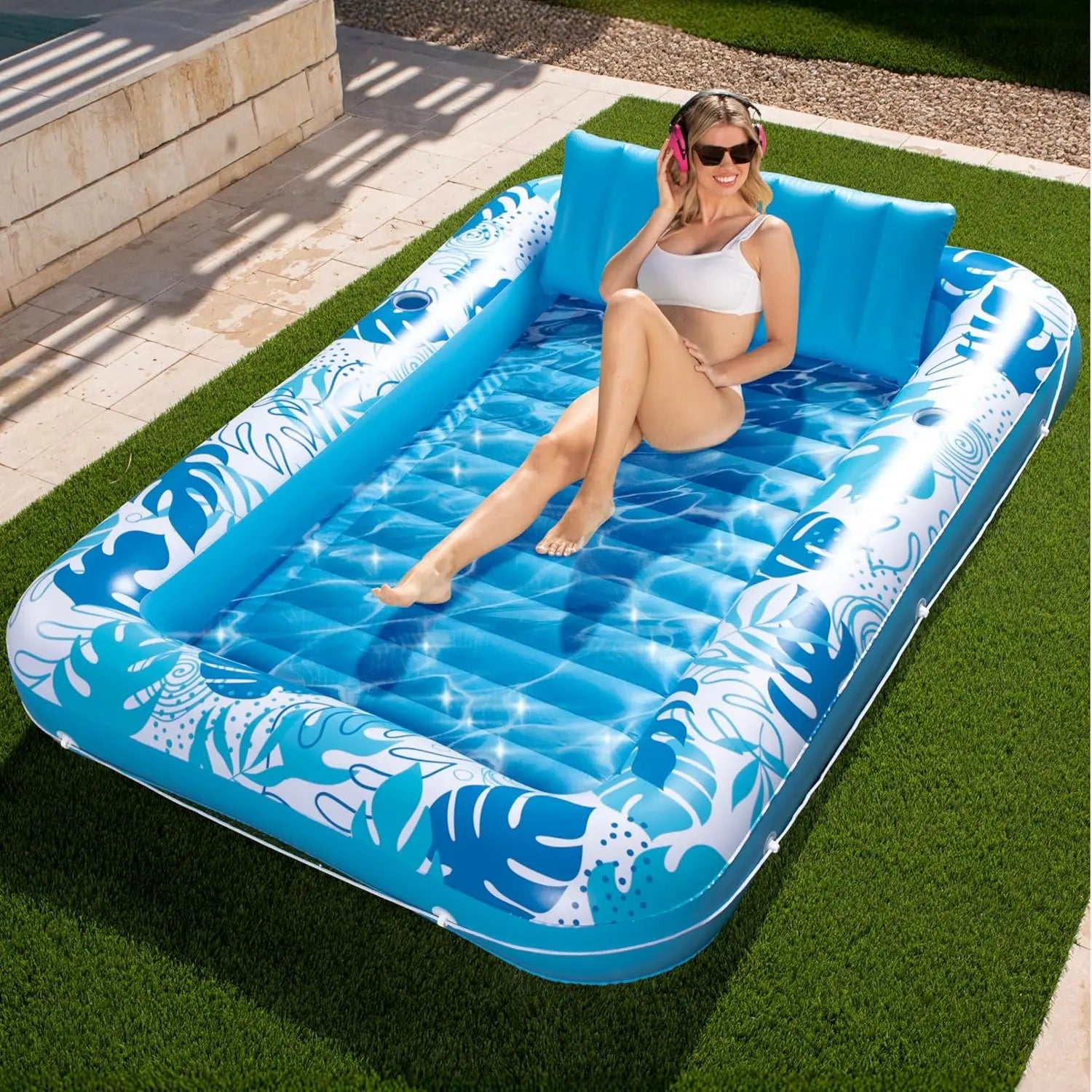 Inflatable Tanning Pool Lounge Float With Cup Holder, 70“X46”/85″ x 57″ Extra Large Pool Floats Adult with Pillow, 4 in 1 Suntan Tub Raft Floatie, Sunbathing Bed Lounge for Water Blow Up Kids Ball Pit Party Gifts, inflatable Sofa Summervibes