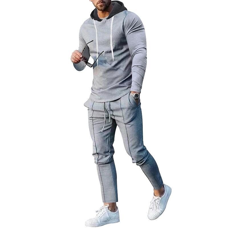 Men's Contrast Hoodied Trendy Pullover Two-piece Suits