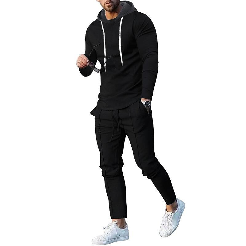 Men's Contrast Hoodied Trendy Pullover Two-piece Suits