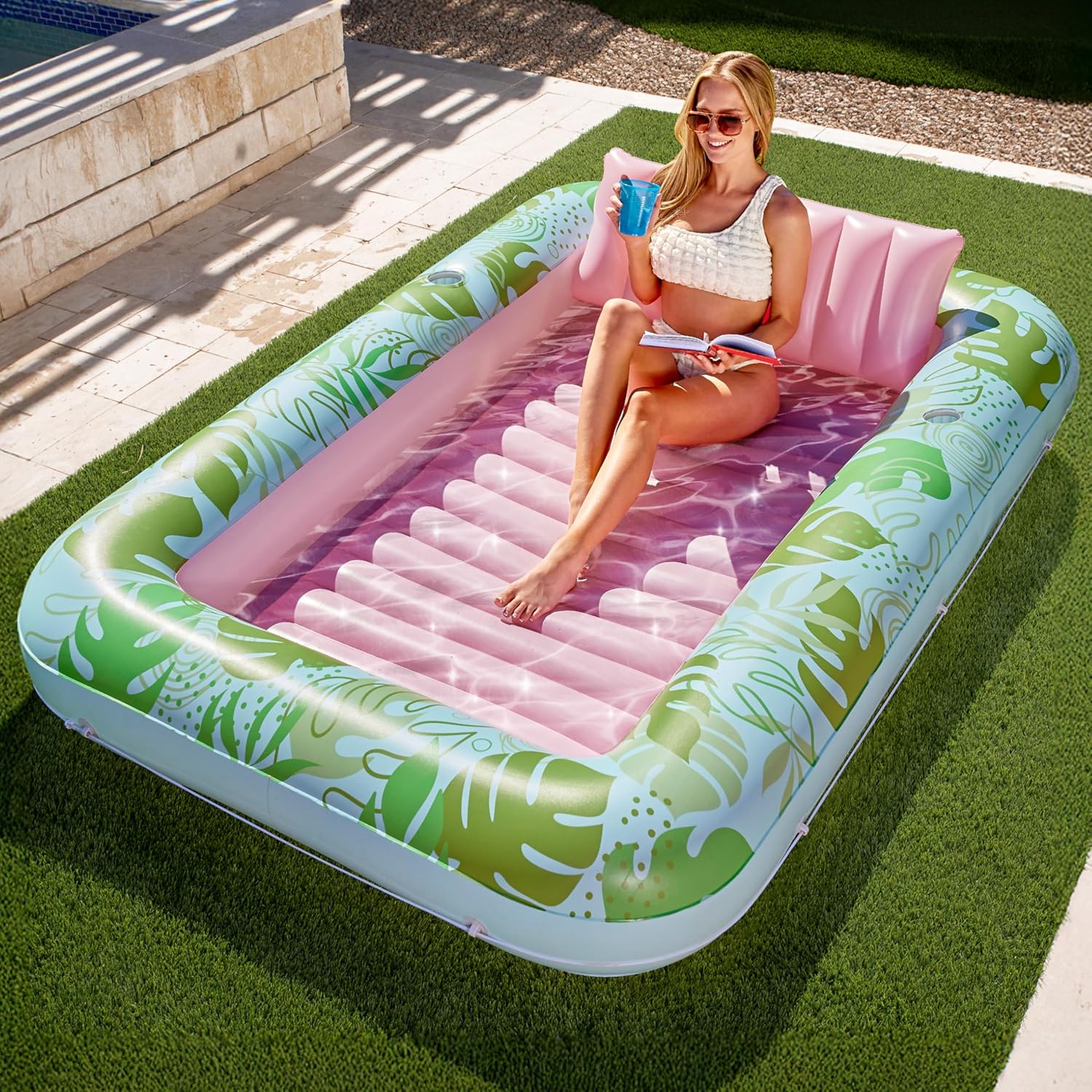 Inflatable Tanning Pool Lounge Float With Cup Holder, 70“X46”/85″ x 57″ Extra Large Pool Floats Adult with Pillow, 4 in 1 Suntan Tub Raft Floatie, Sunbathing Bed Lounge for Water Blow Up Kids Ball Pit Party Gifts, inflatable Sofa Summervibes