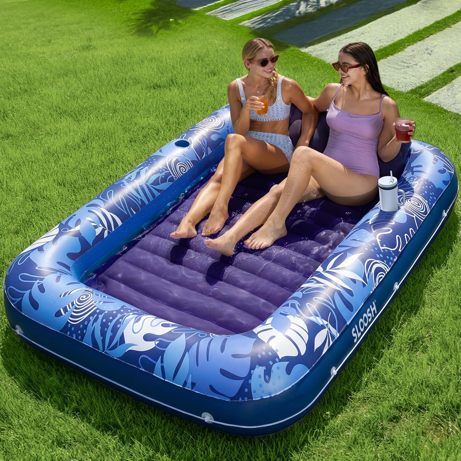 Inflatable Tanning Pool Lounge Float With Cup Holder, 70“X46”/85″ x 57″ Extra Large Pool Floats Adult with Pillow, 4 in 1 Suntan Tub Raft Floatie, Sunbathing Bed Lounge for Water Blow Up Kids Ball Pit Party Gifts, inflatable Sofa Summervibes