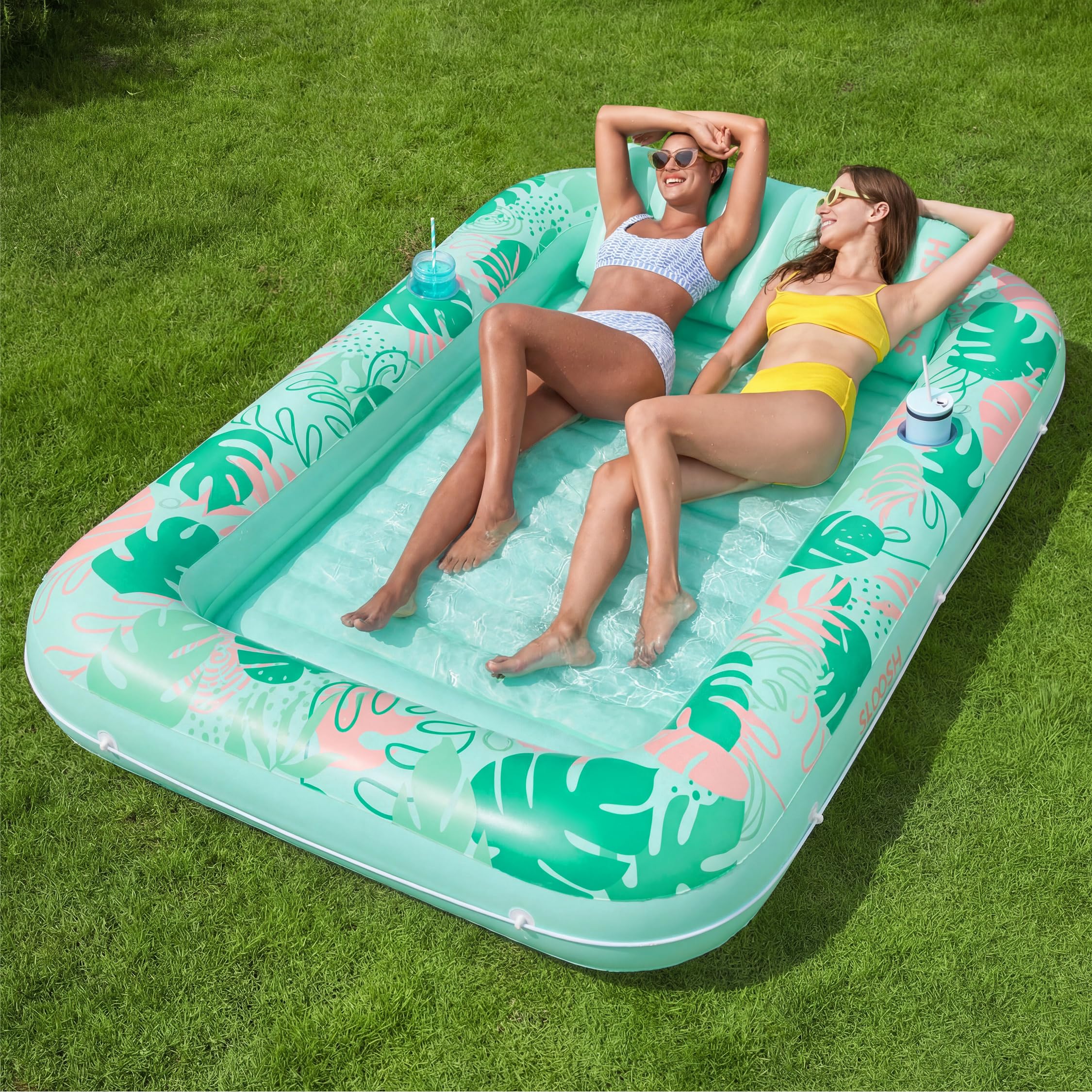Inflatable Tanning Pool Lounge Float With Cup Holder, 70“X46”/85″ x 57″ Extra Large Pool Floats Adult with Pillow, 4 in 1 Suntan Tub Raft Floatie, Sunbathing Bed Lounge for Water Blow Up Kids Ball Pit Party Gifts, inflatable Sofa Summervibes