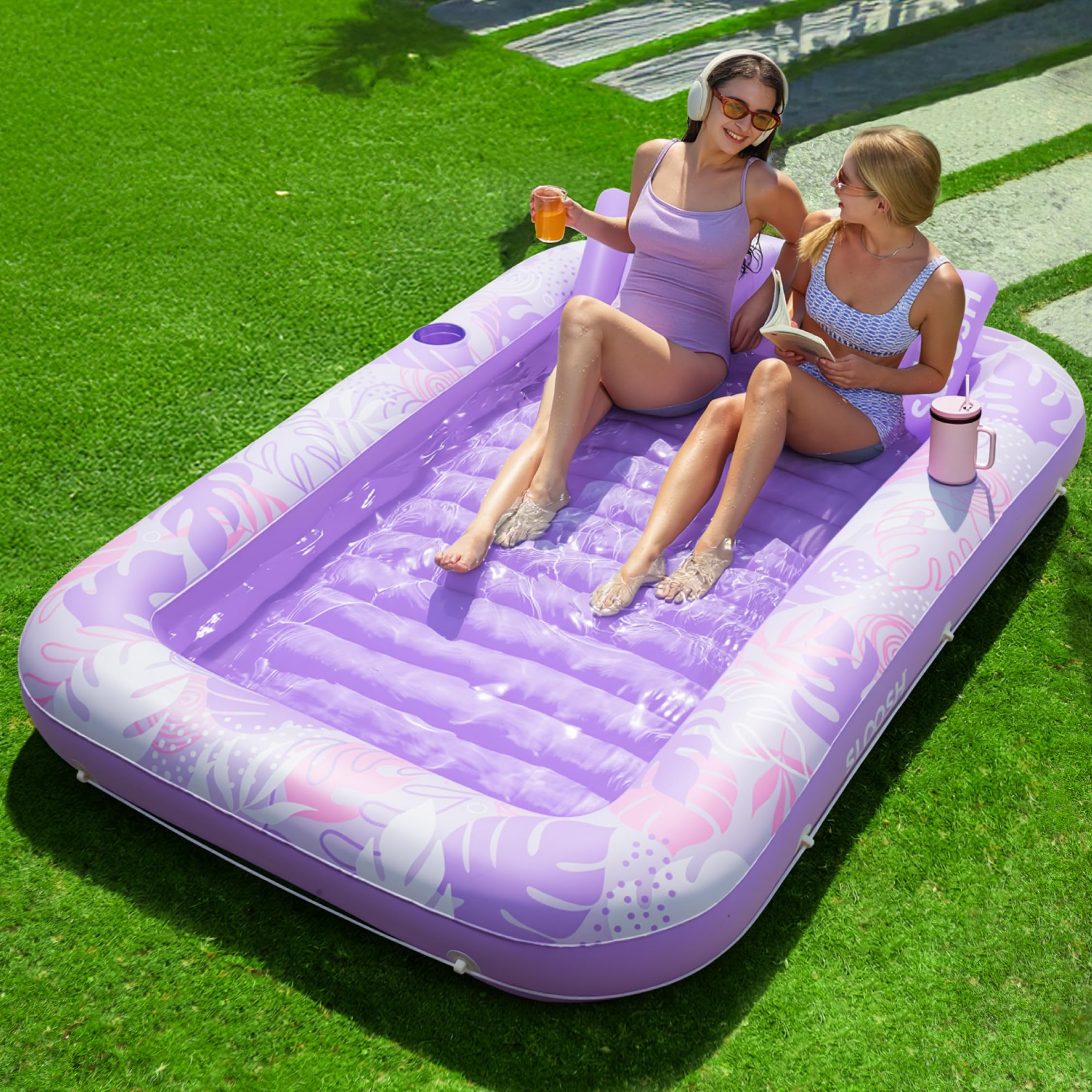 Inflatable Tanning Pool Lounge Float With Cup Holder, 70“X46”/85″ x 57″ Extra Large Pool Floats Adult with Pillow, 4 in 1 Suntan Tub Raft Floatie, Sunbathing Bed Lounge for Water Blow Up Kids Ball Pit Party Gifts, inflatable Sofa Summervibes