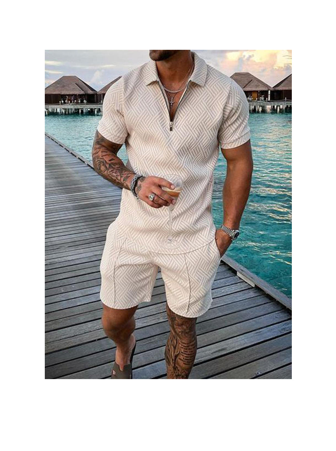 Men's 3D Print Zipper Polo Short-sleeved Two-piece Set