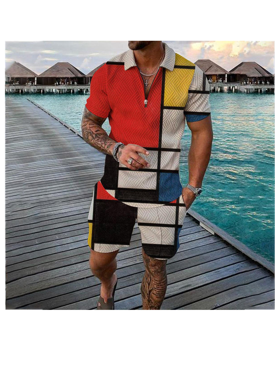 Men's 3D Print Zipper Polo Short-sleeved Two-piece Set