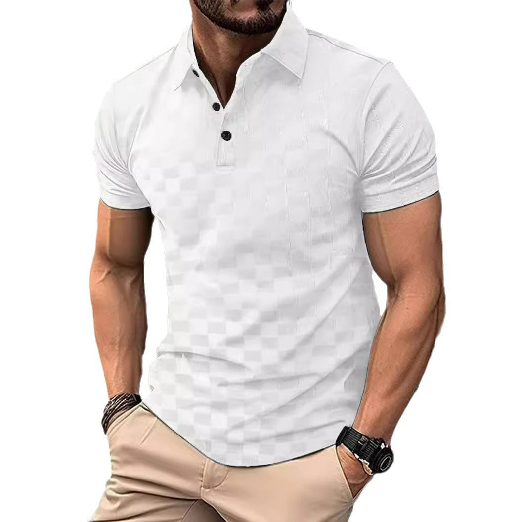 Ice Silk Plaid Jacquard Lapel Short Sleeve Polo Shirt