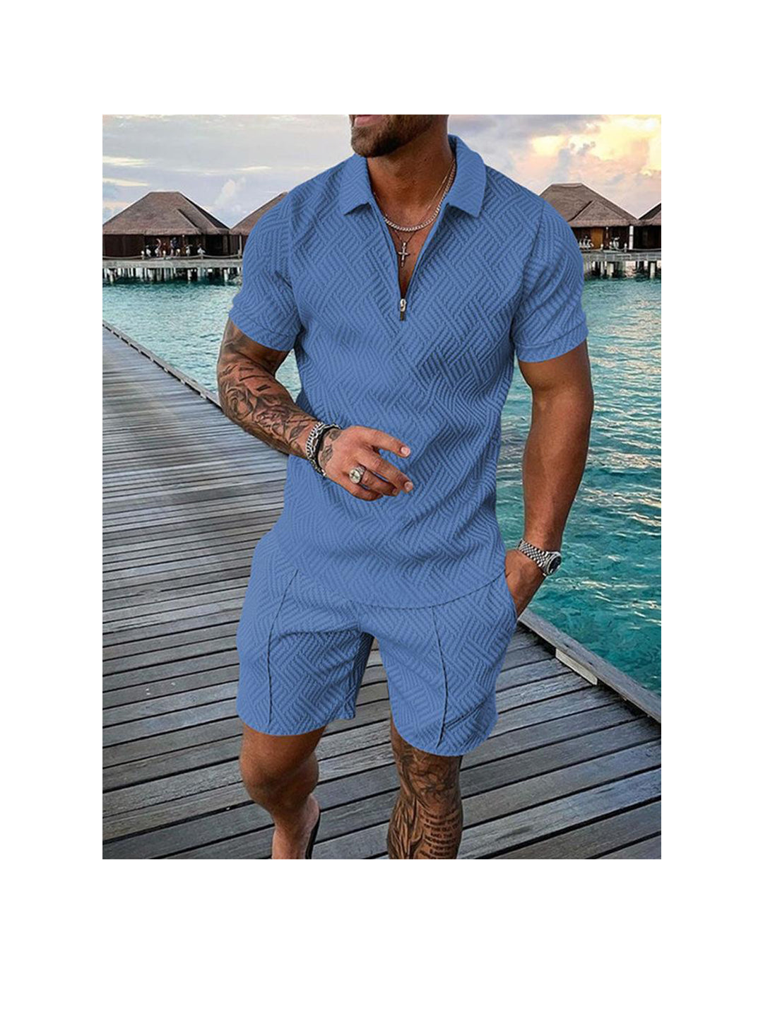 Men's 3D Print Zipper Polo Short-sleeved Two-piece Set