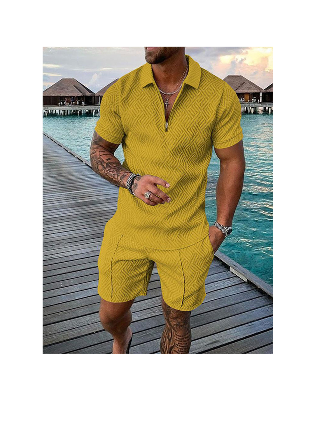 Men's 3D Print Zipper Polo Short-sleeved Two-piece Set